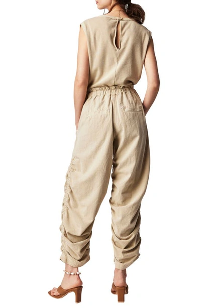 Shop Free People Ruched Mixed Media Cotton Jumpsuit In Sand Jam