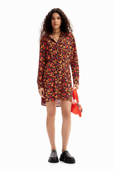 Desigual Yesh Floral Long Sleeve Mini Shirtdress In Red