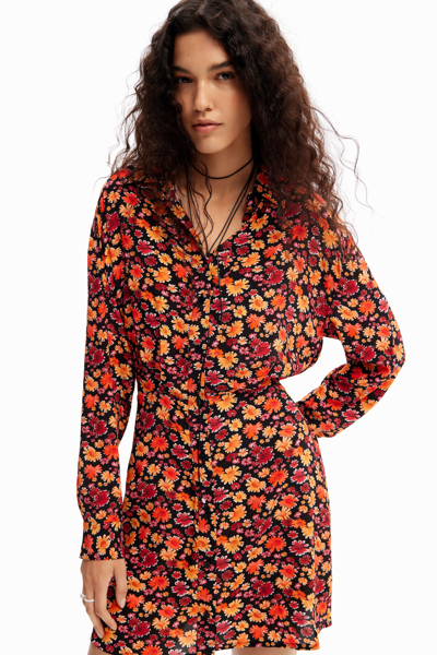 Desigual Yesh Floral Long Sleeve Mini Shirtdress In Red
