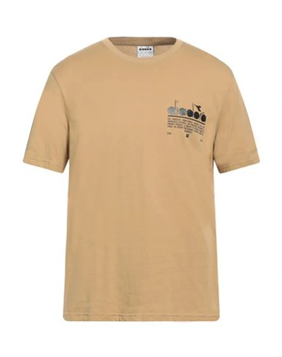 Shop Diadora Man T-shirt Camel Size L Cotton In Beige