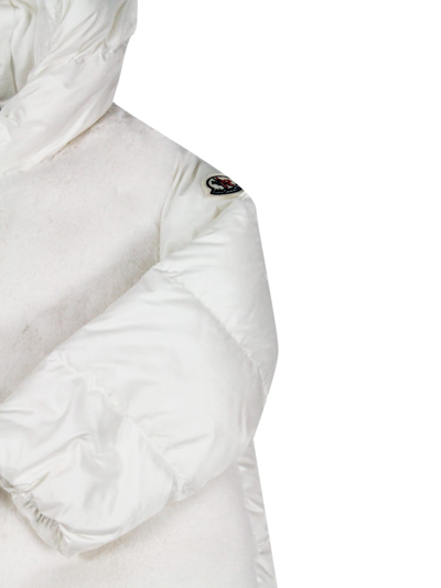Shop Moncler Natas Down Jacket With Hood And Logo On The Sleeve In Real Goose Down With Front In Soft Teddy Bear In White