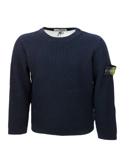 Shop Stone Island Long-sleeved Crew-neck Sweater In Soft Wool With English Rib Badge On The Left Sleeve In Blu