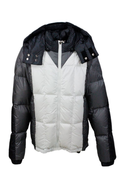 Shop Moncler Down Jacket 100 Grams Alifhotes With Detachable Hood And Writing On The Hood In Grey
