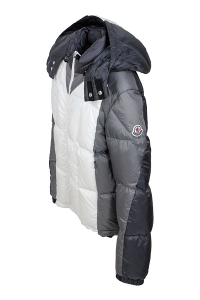 Shop Moncler Down Jacket 100 Grams Alifhotes With Detachable Hood And Writing On The Hood In Grey