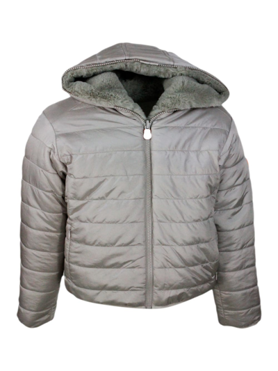 Shop Save The Duck Chloe Reversible Down Jacket In Faux Fur With Hood With Animal Free Padding With Animal Free Padding In Greige