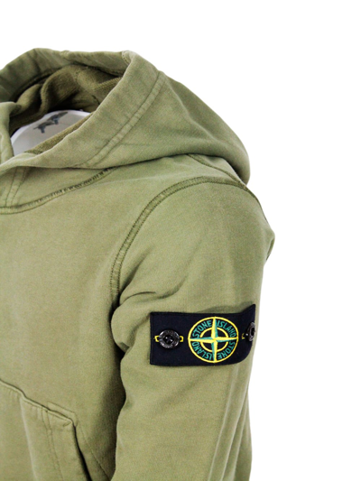Shop Stone Island Rocky Hooded Sweatshirt With Long Sleeves In Stretch Cotton With Badge On The Left Sleeve In Military
