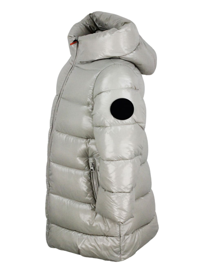 Shop Save The Duck Long Luck Down Jacket With Hood With Animal Free Padding With Animal Free Padding With Zip Closure A In Beige
