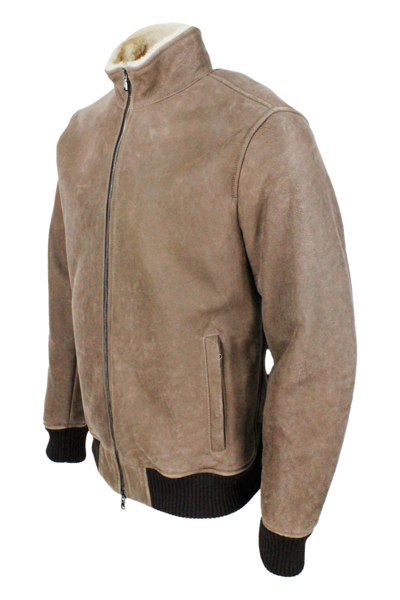 Shop Barba Napoli Bomber Shearling Shearling Jacket With Stretch Knit Trims And Zip Closure In Taupe