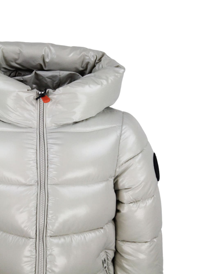 Shop Save The Duck Long Luck Down Jacket With Hood With Animal Free Padding With Animal Free Padding With Zip Closure A In Beige