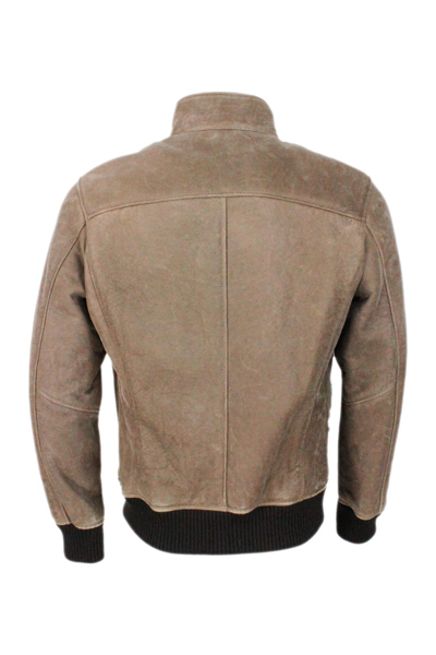 Shop Barba Napoli Bomber Shearling Shearling Jacket With Stretch Knit Trims And Zip Closure In Taupe