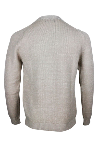 Shop Kiton Long-sleeved Crew-neck Sweater In 100% Pure Cashmere With Braid And Vanisè Coloring In Ivory