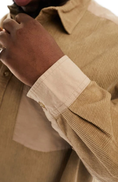 Asos Design '90s Oversize Mixed Media Cotton Corduroy Button-up Shirt In Beige