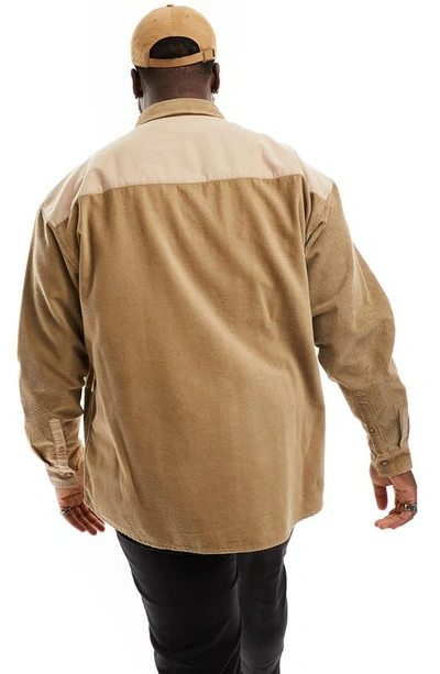Shop Asos Design '90s Oversize Mixed Media Cotton Corduroy Button-up Shirt In Beige