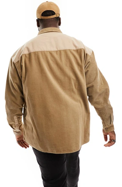 Asos Design '90s Oversize Mixed Media Cotton Corduroy Button-up Shirt In Beige