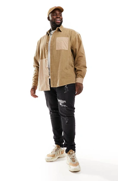 Asos Design '90s Oversize Mixed Media Cotton Corduroy Button-up Shirt In Beige