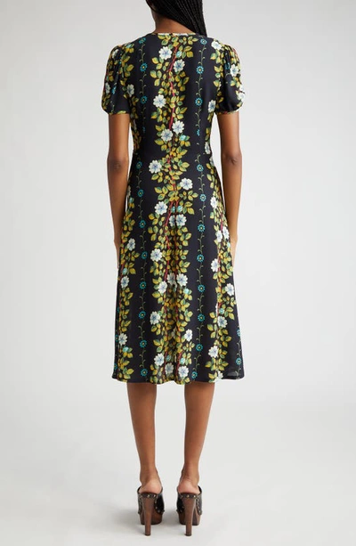 Shop Etro Placed Floral Print Puff Sleeve Dress In Print On Black Base
