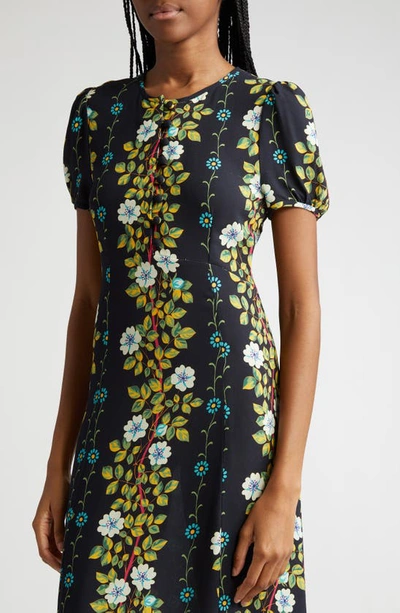 Shop Etro Placed Floral Print Puff Sleeve Dress In Print On Black Base