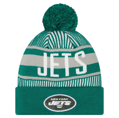 Shop New Era Youth  Green New York Jets Striped  Cuffed Knit Hat With Pom