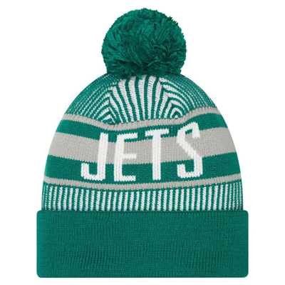 Shop New Era Youth  Green New York Jets Striped  Cuffed Knit Hat With Pom