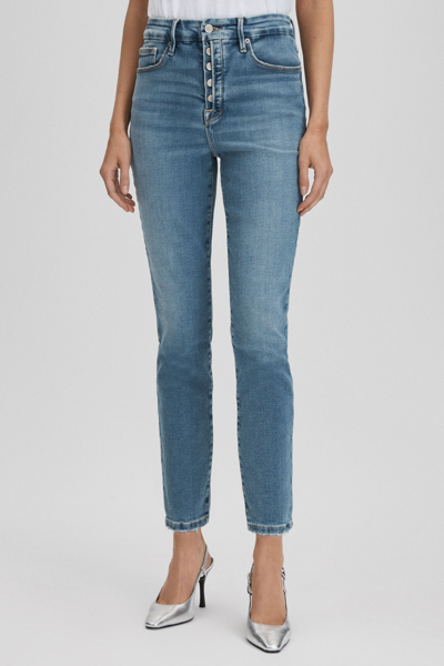 Shop Good American Indigo  Exposed Button Cropped Skinny Jeans