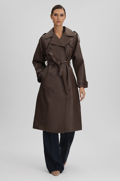 Shop Meotine Leather Mid Length Trenchcoat In Dark Brown