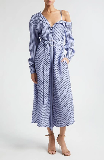 Shop Cinq À Sept Marcella Asymmetric Stripe Long Sleeve Midi Shirtdress In Navy/ Raincloud
