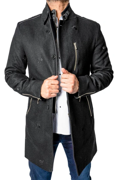 Shop Maceoo Captainskull Embroidered Wool Blend Peacoat In Black