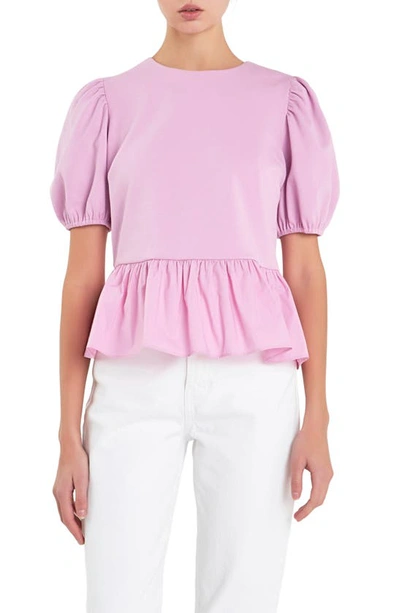 Shop English Factory Mixed Media Puff Sleeve Peplum Top In Lavender