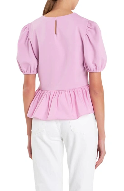 English Factory Mixed Media Puff Sleeve Peplum Top In Lavender
