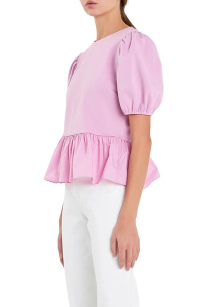 English Factory Mixed Media Puff Sleeve Peplum Top In Lavender