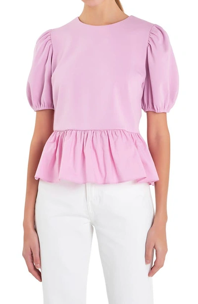 English Factory Mixed Media Puff Sleeve Peplum Top In Lavender