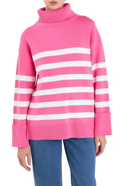 English Factory Stripe Turtleneck Sweater In Pink/ White