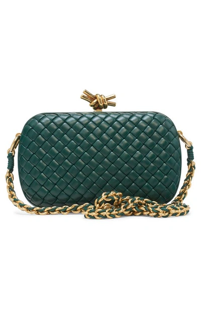 Shop Bottega Veneta Knot Clasp Intrecciato Leather Minaudière In Emerald Green/ Brass