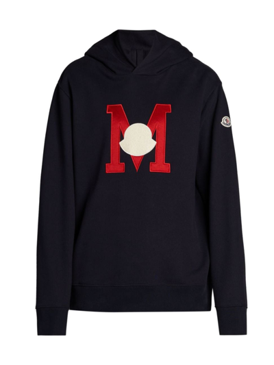 Shop Moncler Men's Embroidered Logo Hoodie In Dark Navy Blue