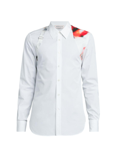 Shop Alexander Mcqueen Men's Printed Harness Cotton Button-front Shirt In Optical White