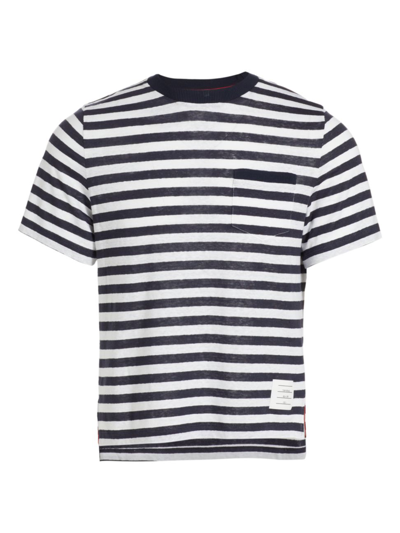 Shop Thom Browne Men's Striped Linen Pocket T-shirt In Navy