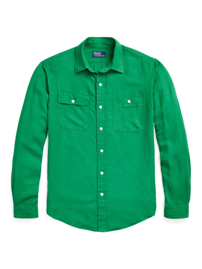 Shop Polo Ralph Lauren Men's Silk-linen Long-sleeve Sport Shirt In Green