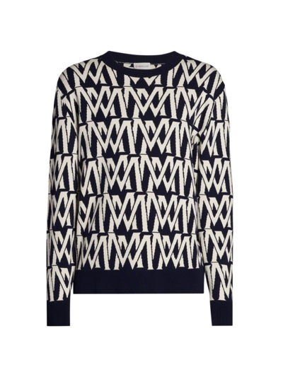 Shop Moncler Men's Logo Cotton-blend Crewneck Sweater In Print Mallover White Navy