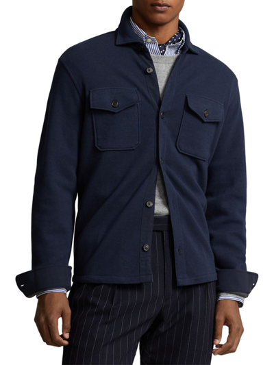 Shop Polo Ralph Lauren Men's Double-knit Jacquard Long-sleeve Sport Overshirt In Aviator Navy