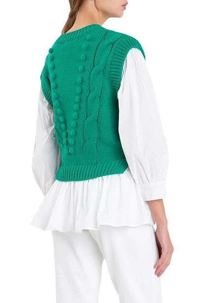 English Factory Mixed Media Cable Stitch Sweater In Green/ White