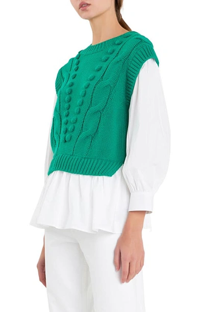 English Factory Mixed Media Cable Stitch Sweater In Green/ White