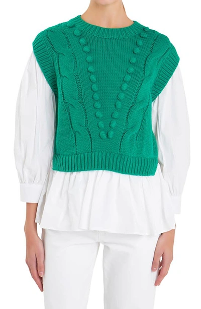 English Factory Mixed Media Cable Stitch Sweater In Green/ White