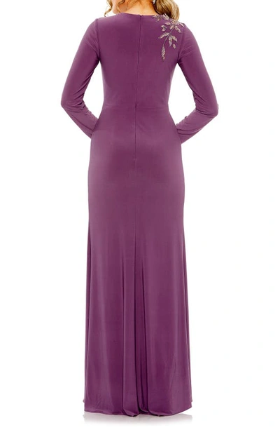 Shop Mac Duggal Embellished Long Sleeve Jersey Gown In Purple Plant