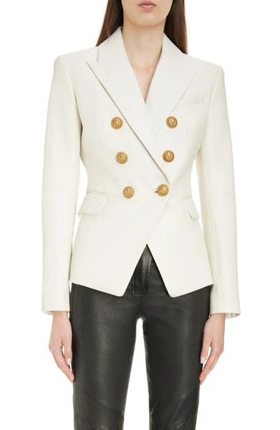 Shop Balmain Fitted Double Breasted Leather Blazer In 0da Cream