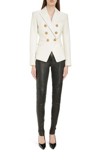 Shop Balmain Fitted Double Breasted Leather Blazer In 0da Cream