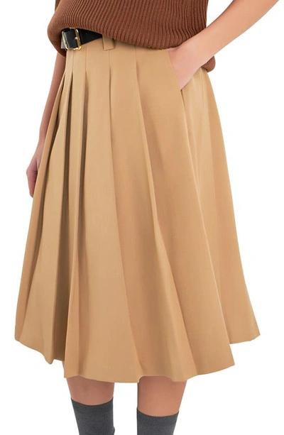 English Factory Pleated Midi Skirt In Tan