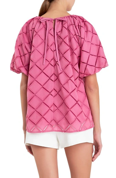English Factory Embroidered Tie Back Puff Sleeve Top In Berry Pink