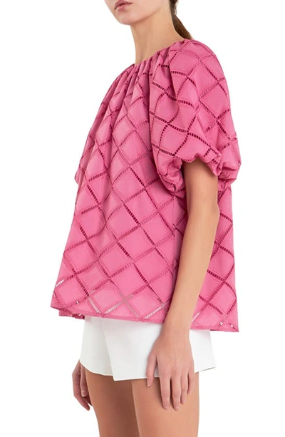 English Factory Embroidered Tie Back Puff Sleeve Top In Berry Pink