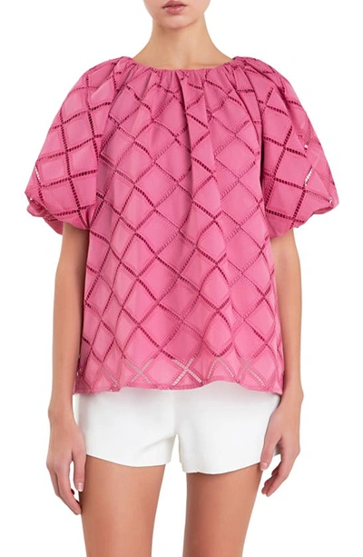 English Factory Embroidered Tie Back Puff Sleeve Top In Berry Pink
