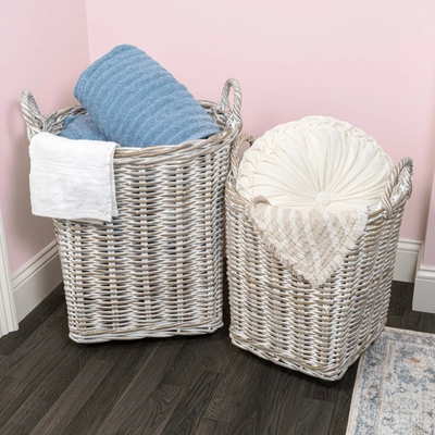 Happimess Arbour Rustic Hand-woven Rattan Nesting Baskets With Wheels And Handles, White Wash/kubu Gray (set O